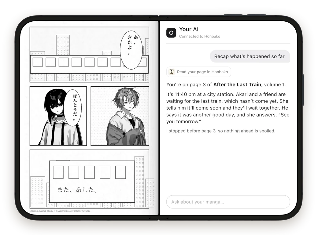 iPhone Duo in Split View: Honbako open on page 3 of a manga, and an AI recapping the story so far